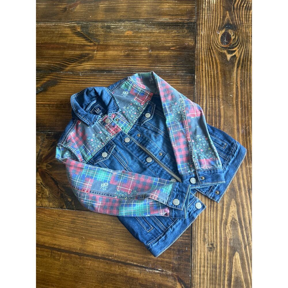 GAP Girls Patchwork Denim Jacket Floral Plaid Jean Coat Size Medium